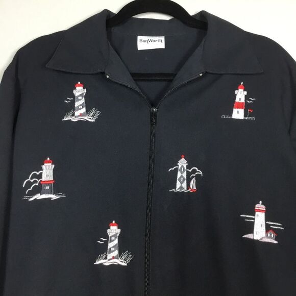 Black jacket with embroidered lighthouses drawstring waist zipper front size L - Picture 2 of 9